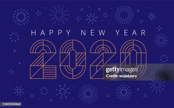 stockillustraties, clipart, cartoons en iconen met nieuwjaarskaart 2020 met vuurwerk en wensen - midnight