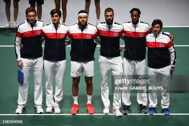 France's Nicolas Mahut, France's Pierre-Hugues Herbert, France's Jo-Wilfried Tsonga, France's Benoit Paire, France's Gael Monfils and France's...