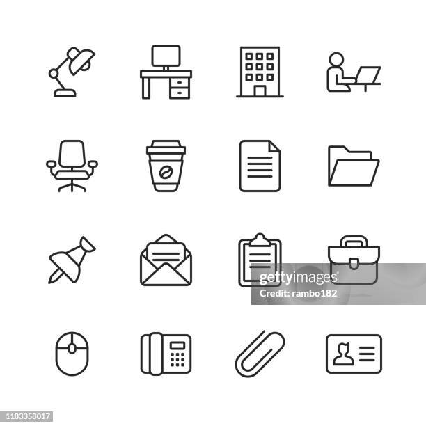 bildbanksillustrationer, clip art samt tecknat material och ikoner med office-ikoner. redigerbar stroke. pixel perfekt. för mobil och webb. innehåller sådana ikoner som skrivbord, kontor, stol, kaffe, dokument, datormus, urklipp. - skrivbord