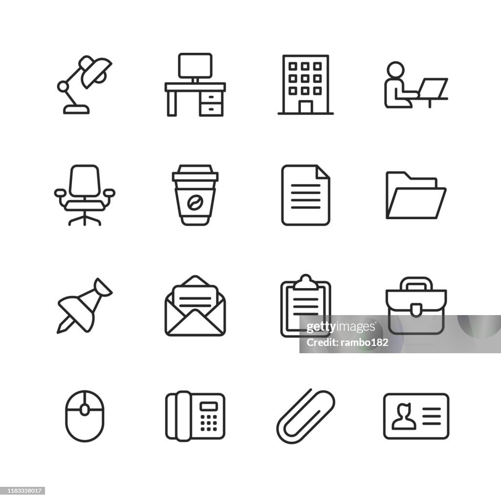 Office Icons. Editable Stroke. Pixel Perfect. For Mobile and Web. Contains such icons as Office Desk, Office, Chair, Coffee, Document, Computer Mouse, Clipboard.