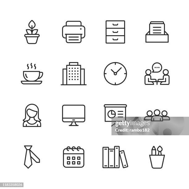 ilustraciones, imágenes clip art, dibujos animados e iconos de stock de iconos de office. trazo editable. píxel perfecto. para móviles y web. contiene iconos como office, plant, printer, office tools, conversation, meeting, coffee, chart. - büro