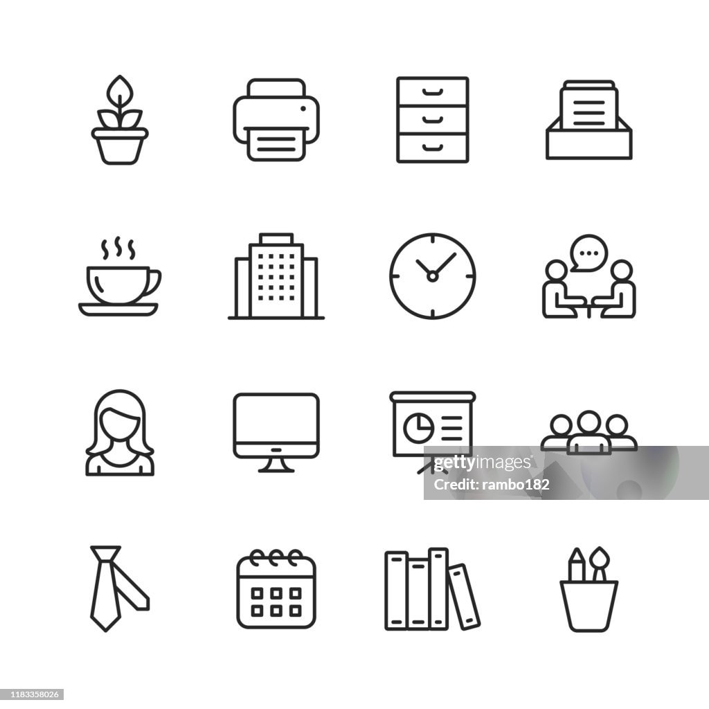 Office Icons. Editable Stroke. Pixel Perfect. For Mobile and Web. Contains such icons as Office, Plant, Printer, Office Tools, Conversation, Meeting, Coffee, Chart.