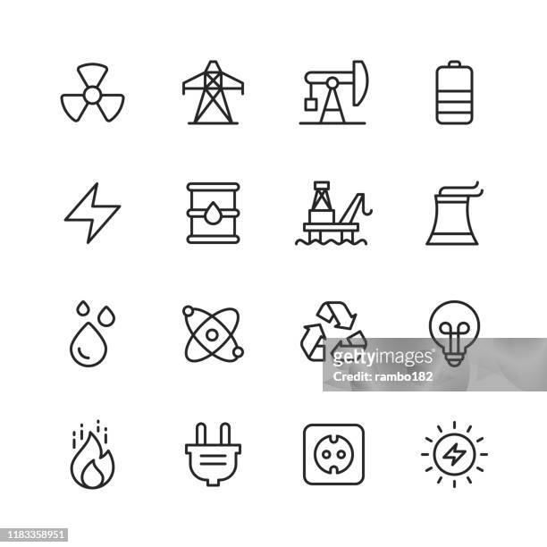 energie- und energiesymbole. bearbeitbarer strich. pixel perfekt. für mobile und web. enthält solche symbole wie energie, strom, erneuerbare energien, elektrizität, elektroauto, kohle, gas, kernkraft, batterie, fabrik. - energieindustrie stock-grafiken, -clipart, -cartoons und -symbole