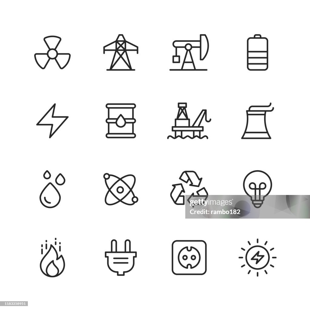 Energy and Power Icons. Editable Stroke. Pixel Perfect. For Mobile and Web. Contains such icons as Energy, Power, Renewable Energy, Electricity, Electric Car, Coal, Gas, Nuclear Power, Battery, Factory.