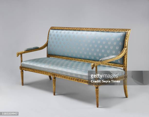 Settee, made between early March and end of April 1803, Russian , Light colored hardwood, carved, gilded and painted; light blue silk show cover ,...