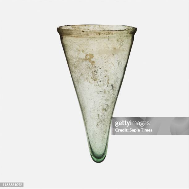 Glass lamp, Late Imperial, 4th century A.D., Roman, Glass; blown, Height: 5 3/4 inches , Glass, Translucent pale green with bluish tinge Unworked,...