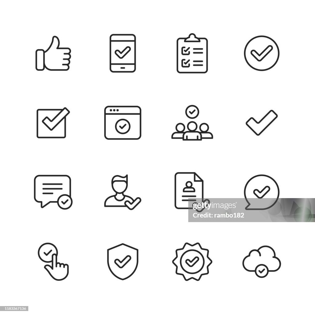 Aprobar iconos. Trazo editable. Píxel perfecto. Para móviles y web. Contiene iconos tales como Aprobar, Acuerdo, Control de Calidad, Certificado, Marca de Verificación, Logro, Garantía.