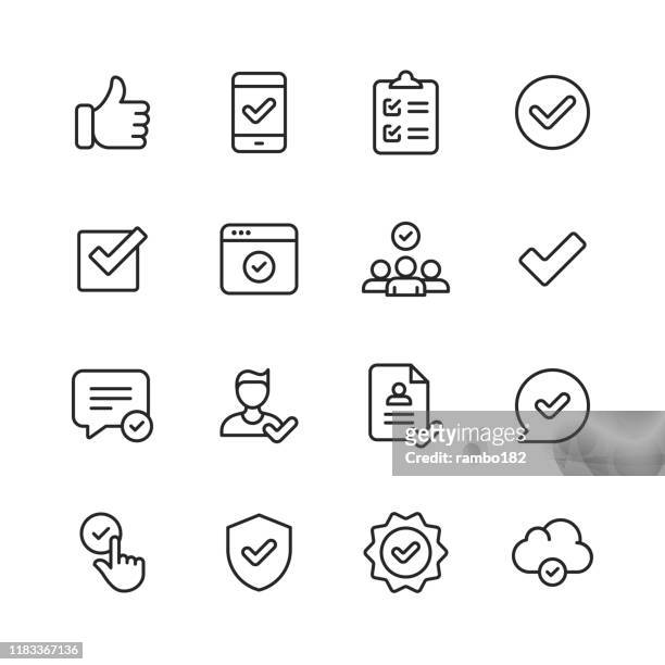 approve icons. editable stroke. pixel perfect. for mobile and web. contains such icons as approve, agreement, quality control, certificate, check mark, achievement, guarantee. - liso stock illustrations