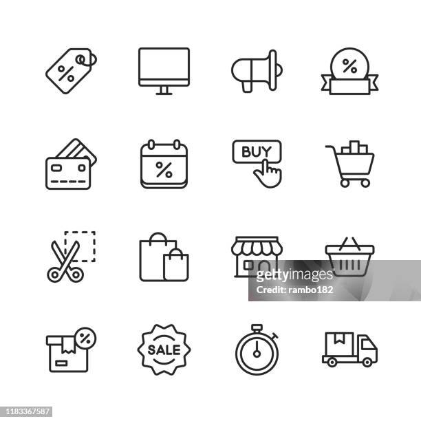 black friday and shopping icons. editable stroke. pixel perfect. for mobile and web. contains such icons as black friday, e-commerce, shopping, store, sale, credit card, deal, free delivery, discount. - shopping stock illustrations