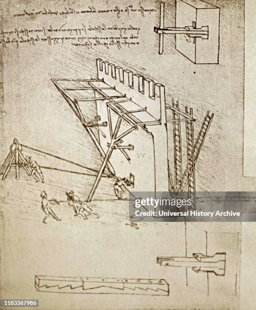 Illustration depicting a device used for repelling scaling ladders by Leonardo da Vinci. Leonardo di ser Piero da Vinci an Italian polymath of the...