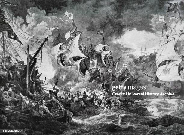 Engraving depicting, Spanish treasure galleons attacked by English pirates, circa 1580.