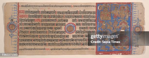 Leaf from a Kalpa Sutra , 15th century, India , Ink, opaque watercolor, and gold on paper, : 4 1/2 x 11 3/8 in. , Paintings, Bhadrabahu .