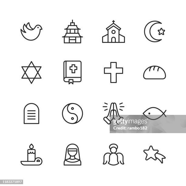 religion ikonen. bearbeitbarer strich. pixel perfekt. für mobile und web. enthält solche ikonen wie religion, gott, glaube, beten, christen, katholiken, kirche, islam, judentum, muslim, hinduismus, meditation, bibel. - religion stock-grafiken, -clipart, -cartoons und -symbole