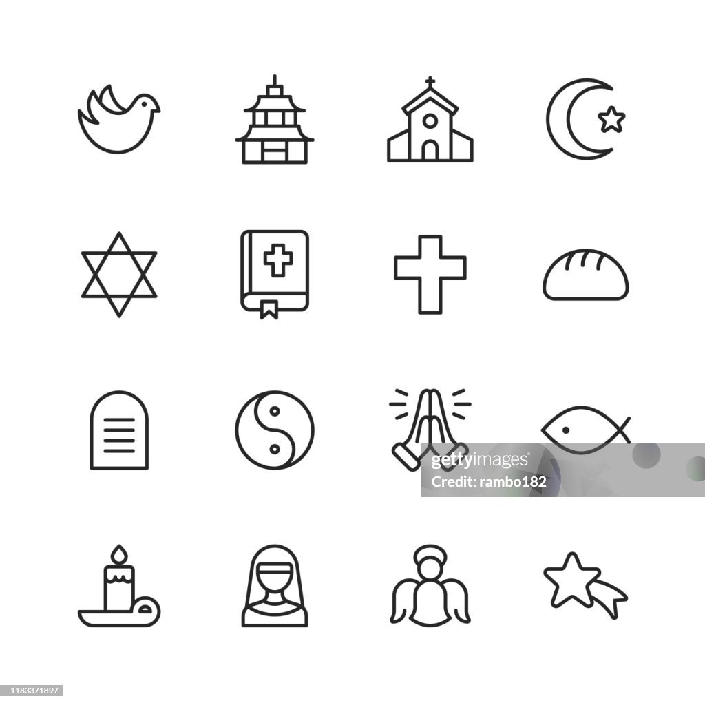 Religie iconen. Bewerkbare lijn. Pixel perfect. Voor mobiel en Internet. Bevat zulke iconen als religie, God, geloof, bidden, christelijk, katholiek, kerk, islam, jodendom, moslim, Hindoeïsme, meditatie, Bijbel.