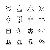 Religion Icons. Editable Stroke. Pixel Perfect. For Mobile and Web. Contains such icons as Religion, God, Faith, Pray, Christian, Catholic, Church, Islam, Judaism, Muslim, Hinduism, Meditation, Bible.