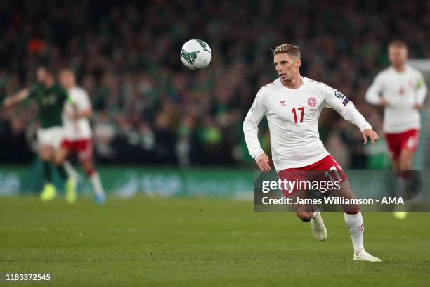 Jens Stryger Larsen of Denmark during the UEFA Euro 2020 qualifier between Republic of Ireland and Denmark at Dublin Arena on November 18, 2019 in...