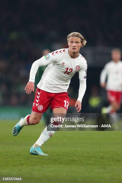 Kasper Dolberg of Denmark during the UEFA Euro 2020 qualifier between Republic of Ireland and Denmark at Dublin Arena on November 18, 2019 in Dublin,...