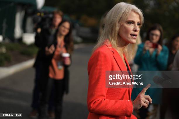 White House senior counselor Kellyanne Conway speaks to members of the media outside the West Wing of the White House October 25, 2019 in Washington,...