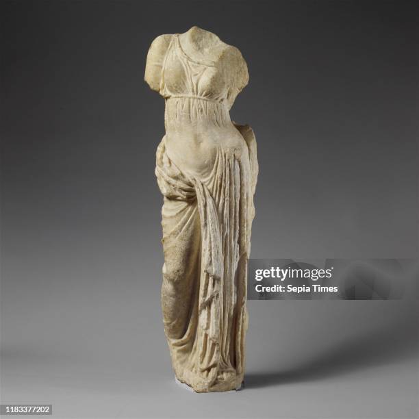 Marble statue of Aphrodite, Hellenistic, 2nd century bc, Greek, marble, H. 32', W. 9 1/2', D. 6 1/2, Stone Sculpture, The goddess of love stands in...