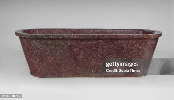 Porphyry basin, Imperial, 2nd-3rd century A.D., Roman, Porphyry, Overall: 27 1/2 x 72 1/8 x 19 in. , Stone Sculpture, Stone basins such as this...