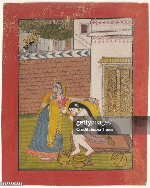 Krishna Spying on Radha, circa 1780-90, India , Ink and opaque watercolor on paper, 8 5/8 x 6 7/8 in. , Paintings.