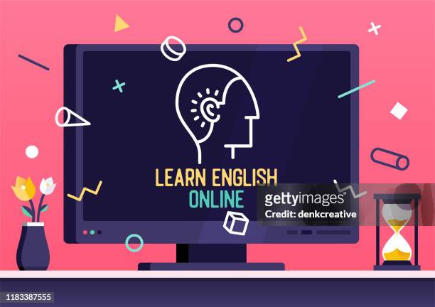 ilustraciones, imágenes clip art, dibujos animados e iconos de stock de diseño de banner web vectorial para aprender inglés en línea - teacher desk