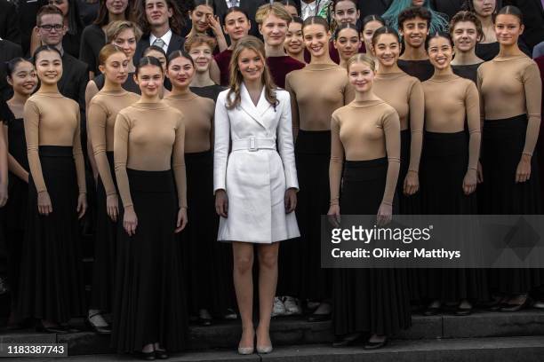 Crown Princess Elisabeth of Belgium poses with award winning movie "Girl" actor Victor Polster and the Antwerp Royal Ballet School during her 18th...