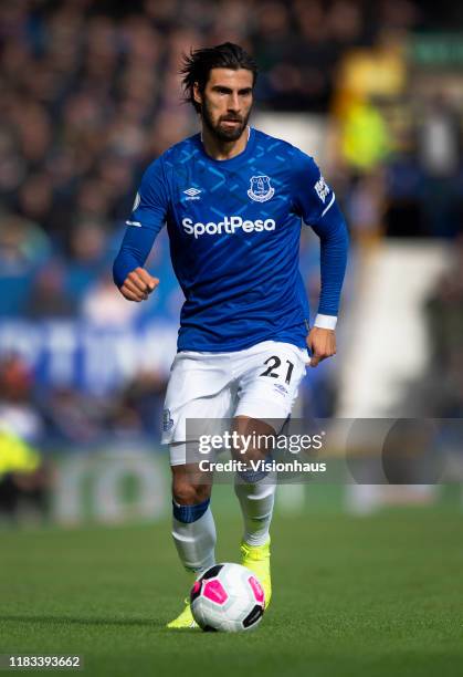 Andre Gomes of Everton in action during the Premier League match between Everton FC and West Ham United at Goodison Park on October 19, 2019 in...