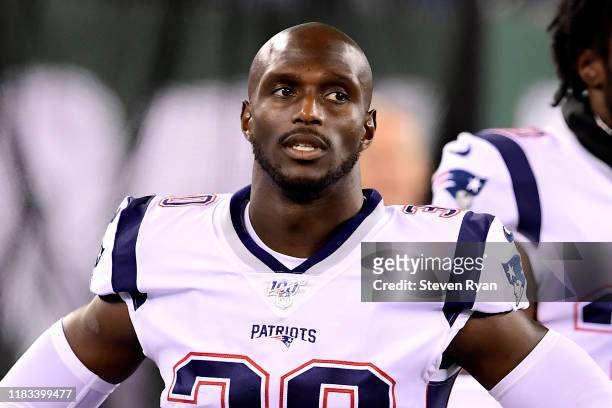 Jason McCourty of the New England Patriots looks on against the New York Jets at MetLife Stadium on October 21, 2019 in East Rutherford, New Jersey.