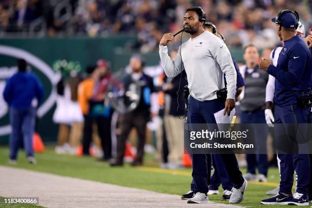 Assistant coach Jerod Mayo looks on against the New York Jets at MetLife Stadium on October 21, 2019 in East Rutherford, New Jersey.