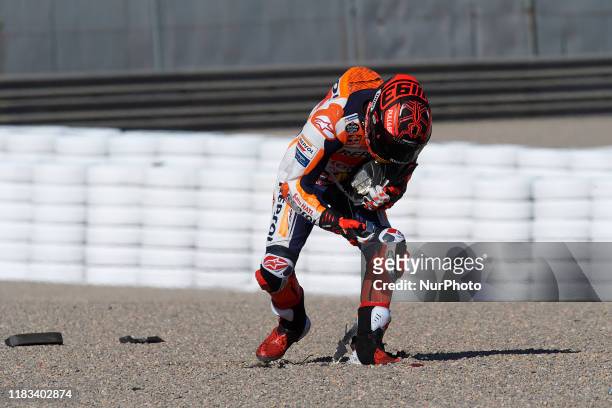 Marc Marquez of Spain and Repsol Honda Team after crashes out during the test of the new MotoGP season 2020 at Ricardo Tormo Circuit on November 19,...