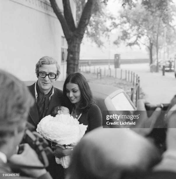 Michael Caine and family, British actor with his wife Shakira and daughter Natasha, 25th September 1973.