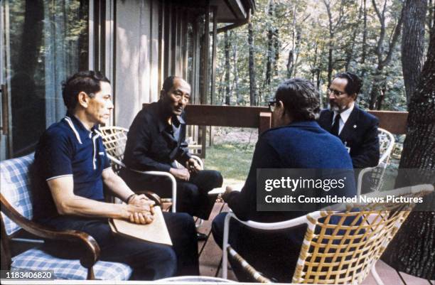 View of, from left, Egyptian Ambassador to the US Osama El-Baz , Egyptian President Anwar Al Sadat , Egyptian Deputy Prime Minister Hassan Tuhami ,...