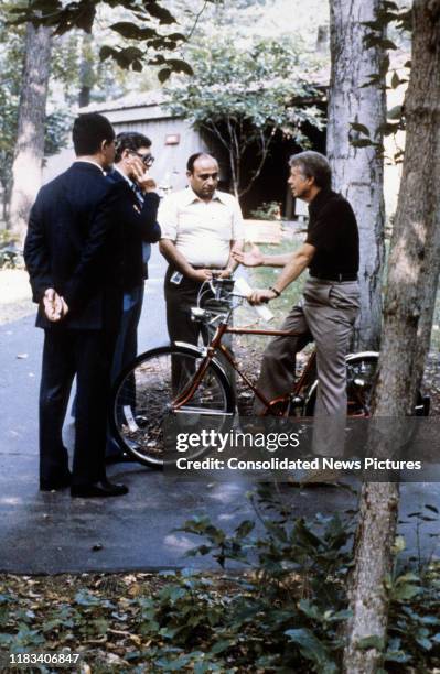 View of, from left, Egyptian Foreign Minister Muhammad Ibrahim Kamel , Egyptian Deputy Prime Minister Hassan Tuhami , and Minister Kamel's Head of...