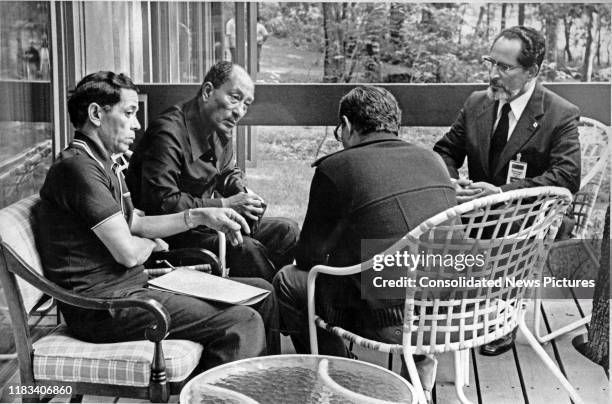 View of, from left, Egyptian Ambassador to the US Osama El-Baz , Egyptian President Anwar Al Sadat , Egyptian Deputy Prime Minister Hassan Tuhami ,...