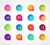 Bullet marker icon with number 1, 3, 4, 5, 7, 9, 10, 12 for infographic, presentation. Set of graphic pointer with steps. Sticky point bullet gradient color. Template label info bullet. vector