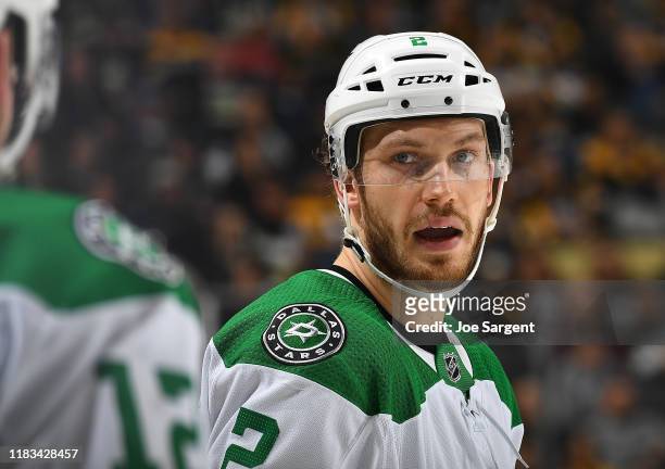Jamie Oleksiak of the Dallas Stars skates against the Pittsburgh Penguins at PPG PAINTS Arena on October 18, 2019 in Pittsburgh, Pennsylvania.