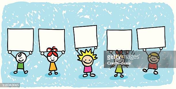 happy children friends group holding blank banner cartoon illustration - small placard stock illustrations