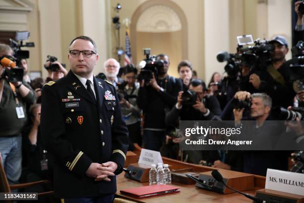 National Security Council Director for European Affairs Lt. Col. Alexander Vindman arrives to testify before the House Intelligence Committee in the...