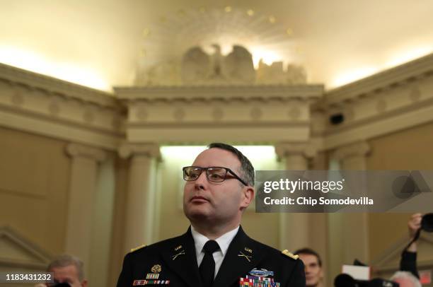 National Security Council Director for European Affairs Lt. Col. Alexander Vindman arrives to testify before the House Intelligence Committee in the...