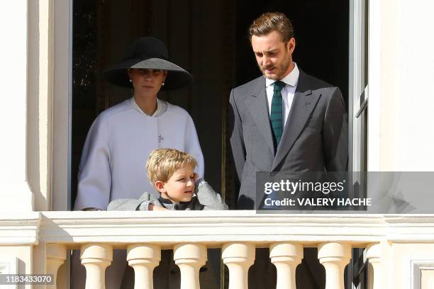 Pierre Casiraghi and his wife Beatrice Borromeo stand on a balcony at Monaco Palace during the celebrations marking Monaco's National Day in Monaco,...