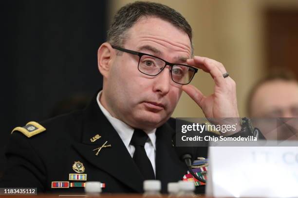 National Security Council Director for European Affairs Lt. Col. Alexander Vindman testifies before the House Intelligence Committee in the Longworth...