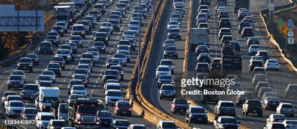 An aerial view of morning traffic headed into the city on Route 93 northbound near Dorchester is pictured in Boston on Nov. 4, 2019. Bostons current...