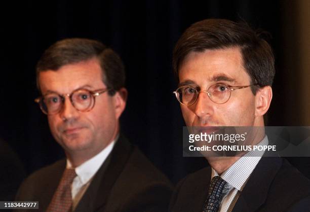Chairman of Elf Norway, Yves-Louis Darricarrère, left, and Managing Director Jerome Contamine, during a press conference in Oslo 28 May 1999, after...