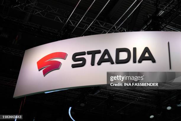 The picture shows the logo of Stadia at the stand of Google Stadia during the Video games trade fair Gamescom in Cologne, western Germany, on August...