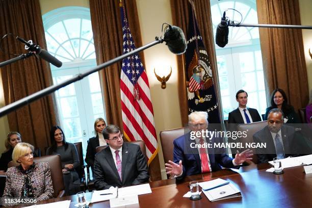 President Donald Trump speak during a cabinet meeting in the Cabinet Room of the White House in Washington, DC on November 19 as Education Secretary...