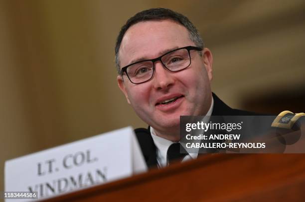 National Security Council Ukraine expert Lieutenant Colonel Alexander Vindman testifies during the House Intelligence Committee hearing, into...