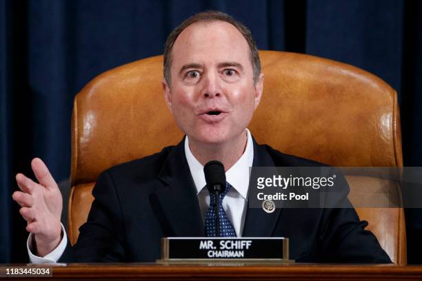 House Intelligence Committee Chairman Adam Schiff delivers his closing remarks during the end of the hearing with Jennifer Williams, adviser to Vice...