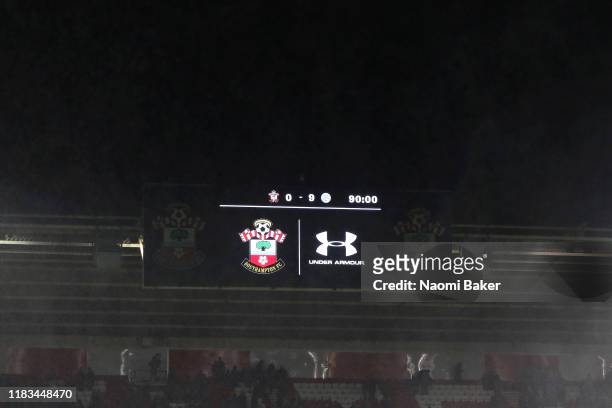 The LED screen shows the record breaking 9-0 score line after the Premier League match between Southampton FC and Leicester City at St Mary's Stadium...