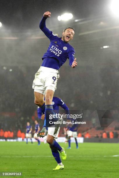 Jamie Vardy of Leicester City celebrates after scoring his team's ninth goal from the penalty spot during the Premier League match between...